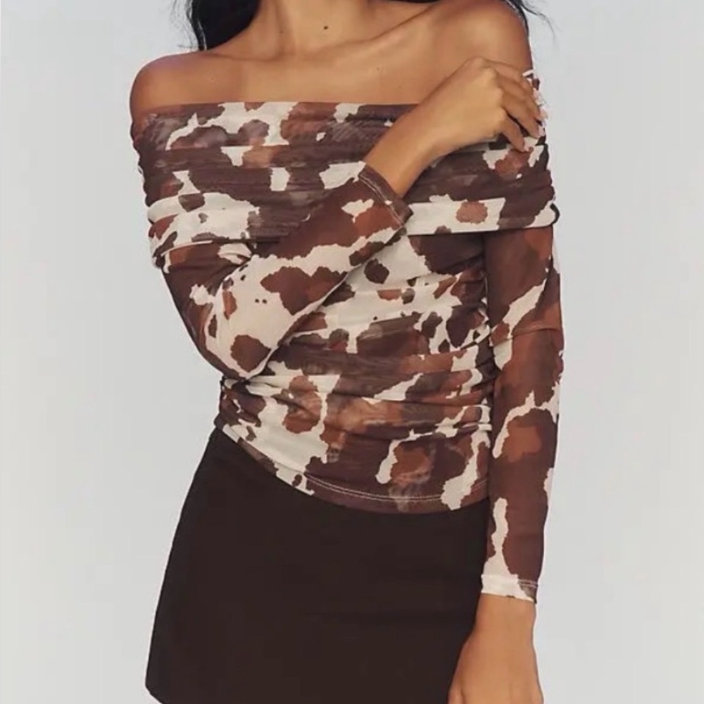 NWT Anthropologie Maeve Mesh Off-Shoulder Top Cow Animal Print Womens XL Shirt